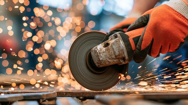 Worker hands using angle grinder to cut metal with bright flying sparks