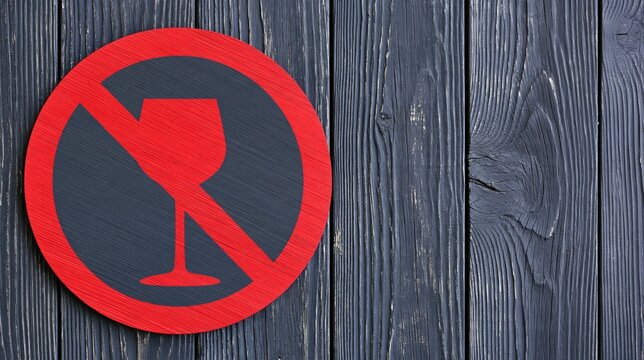 Prohibition sign with wineglass icon on dark wooden background