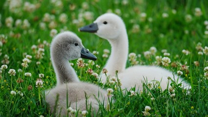 Two cute baby swans resting on grass © Peter