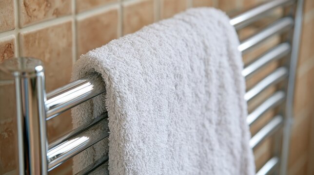 White terry cloth towel hanging on chrome heated radiator in bathroom