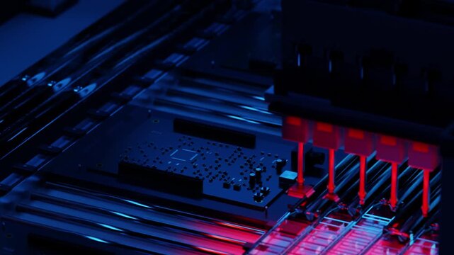 PCB Assembly Machine Placing Components Under Red and Blue Light
