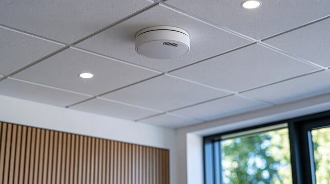 White smoke detector mounted on suspended ceiling in modern office interior