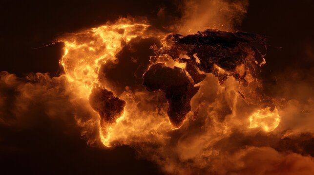 The artwork depicts a world map engulfed in flames, illustrating the impact of fusion power on global energy equality and resource conflicts.