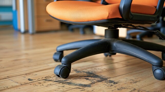 Close up of orange office chair base on worn wooden floor