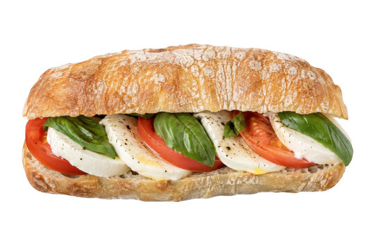 Delicious fresh caprese sandwich with sliced mozzarella, ripe tomatoes, and vibrant basil leaves on ciabatta bread, isolated on a white background