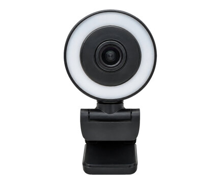 Modern black webcam with an integrated ring light stands on a white background, ready for video calls and streaming