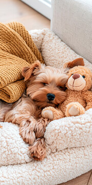 Cute small dog sleeping beside teddy bear under soft cozy blankets on sofa at home