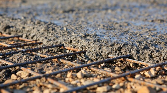 Wet concrete pouring over steel rebar mesh on construction site