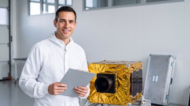 Raumfahrtingenieur bei der Endabnahme eines Satelliten im Reinraum