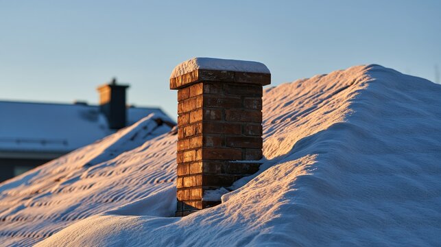 A brick chimney rises from a snow-covered rooftop during golden hour. Winter seasonal background for heating or home.