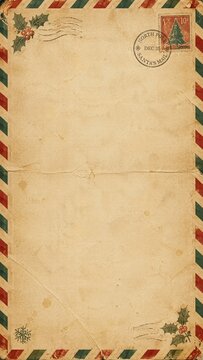Vintage Christmas envelope with holly decorations and North Pole postage stamp