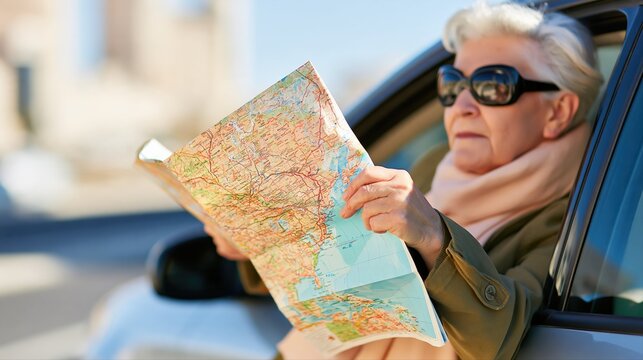 An elderly woman driver consults a road atlas beside her parked car at a countryside junction. Natural light highlights her journey and road trip adventure.