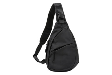 Sleek black nylon sling bag with an adjustable strap and multiple zippered compartments, captured on a clean white background © no one