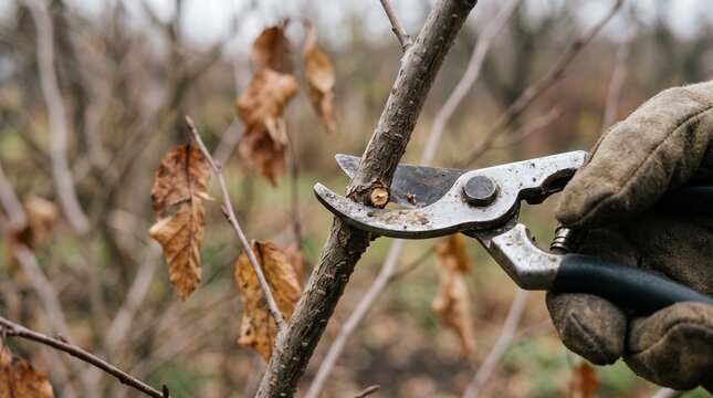 Gardener pruning branches with scissors in a winter garden  