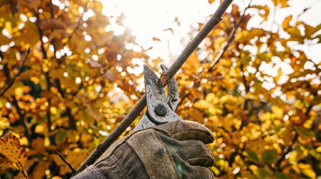 Gardener using pruning shears to trim branches in autumn sunlight  