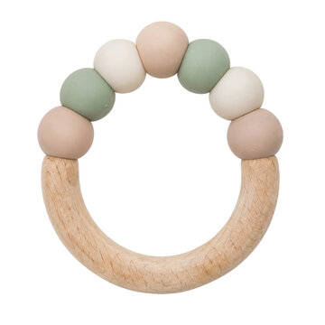 Natural wooden baby teether with soft pastel silicone beads, designed for soothing infants, isolated on a clean white background