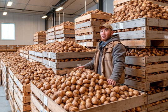 Farmer standing among wooden crates filled with freshly harvested potatoes inside agricultural storage warehouse