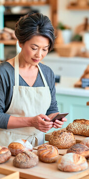 Mature female baker using smartphone while standing behind display of fresh artisan bread in bakery