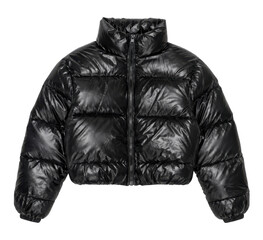 Shiny black puffer jacket with a high collar and visible zipper is neatly displayed on a white background © no one
