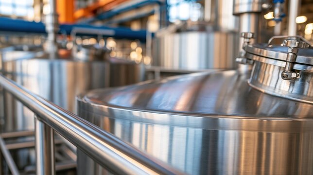 Close up of stainless steel vat with metal lid and handrail in industrial food processing facility