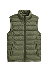 Stylish dark green puffer vest with a high collar and zipper closure, photographed on a clean white background © no one
