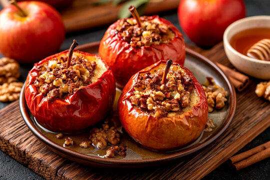 Baked apples stuffed with walnuts and cinnamon served with honey on rustic wooden table for warm autumn dessert