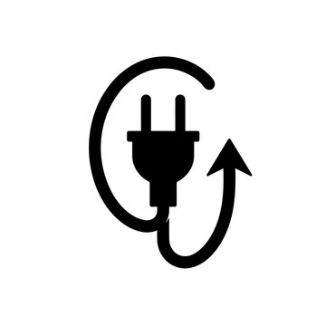 Black electric plug icon with curved cord and directional arrow