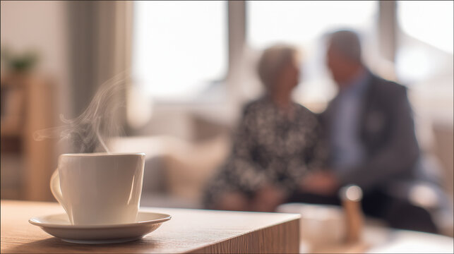 A white ceramic cup of hot steaming coffee sits on a wooden table in a cosy sunlit living room. A softly blurred couple sits together in the background, evoking companionship, quiet conversation