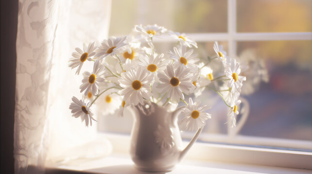 A delicate bouquet of white daisies with golden yellow centres arranged in a ceramic jug beside a bright window. Soft morning sunlight illuminates the flowers, creating a peaceful spring atmosphere