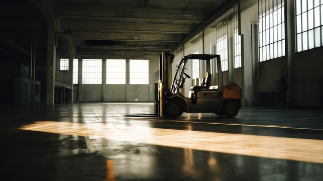 Industrial forklift truck parked inside a spacious warehouse with tall factory windows and warm sunlight streaming across the concrete floor. Atmospheric industrial scene representing logistics