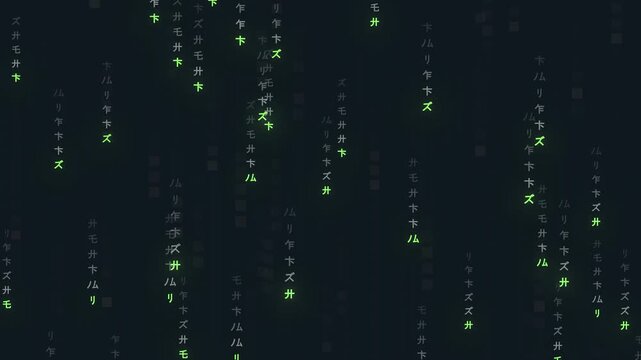 Futuristic cyber matrix code, rain glowing green binary data, Japanese katakana & Cyrillic characters cascading vertically in a seamless loop on a dark hacker screen for digital security. 4k