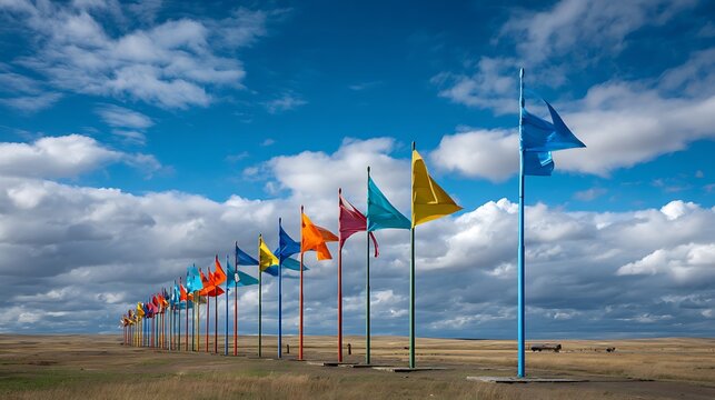 A striking display of colorful flags fluttering in a long row across a wide-open prairie under a dramatic blue sky with clouds representing unity and direction