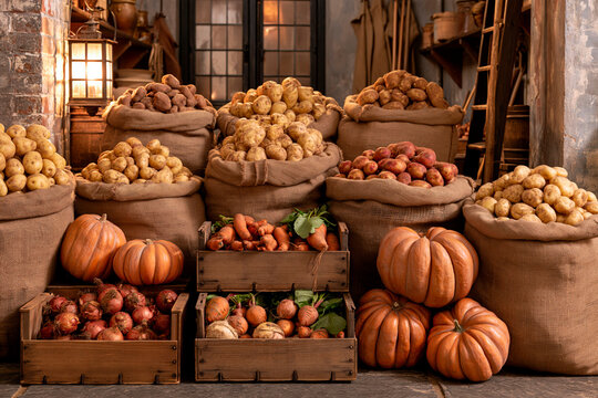 Rustic autumn harvest display with sacks of potatoes, pumpkins, carrots and onions arranged in traditional farm storage