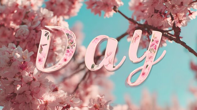 Day text with a delicate floral pattern set against a soft focus background of pink cherry blossoms and a blue sky perfect for spring greetings or romantic themes