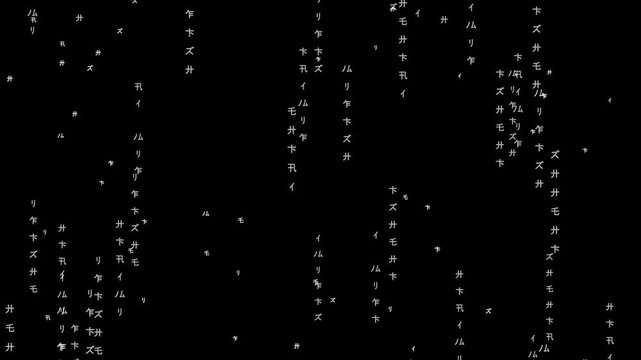 Looping matrix style binary code rain & Japanese katakana characters cascading down dark backdrop with glowing amber neon cipher effect for big data, programming & cloud computing. 4k