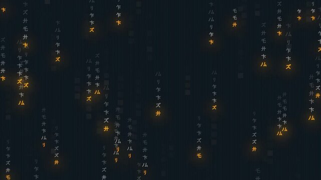 Random number cyberpunk digital data stream, vibrant orange and white teal matrix binary code falling vertically with glowing geometric symbols background for cyber security intros. 4k video