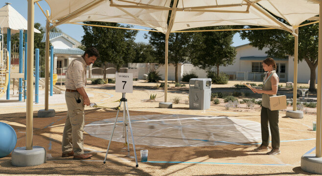 Facilities manager measuring school shade coverage during outdoor recess safety audit with Emergency Preparedness Focus