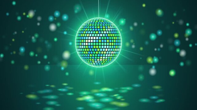 Green Disco Mirror Ball Rotating with Sparkling Glitter Lights and Bokeh Particles Animation