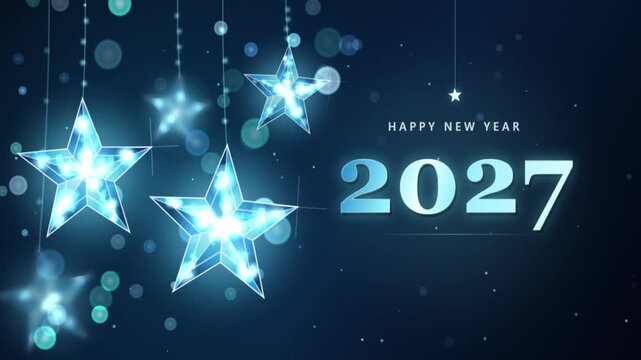 Happy New Year 2027 Blue Neon Crystal Hanging Stars with Sparkling Glow Motion
