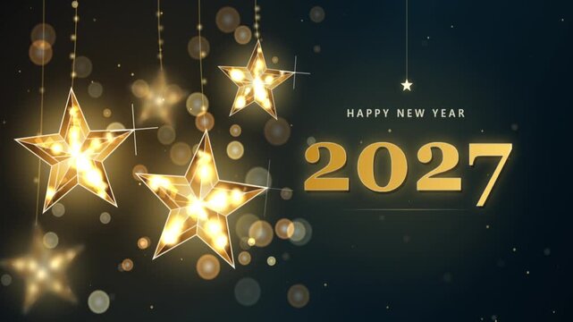 Happy New Year 2027 Golden Crystal Hanging Stars with Warm Bokeh Light Celebration