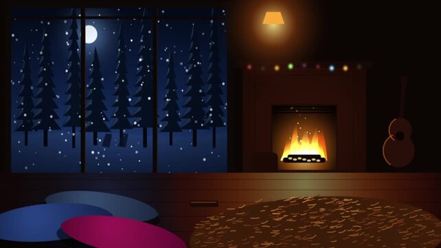 Cozy Living Room with Fireplace and Snowy Pine Forest Night Window View Animation