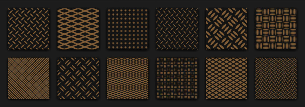 Diamond plate metal seamless pattern overlay pack isolated on black. Golden Flooring stainless structure texture. Rough industry abstract. Geometric tread stainless floor. Vector aluminum grid panels