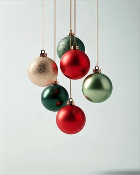 Colorful Christmas Ornaments Hanging Against a Clean Studio Background