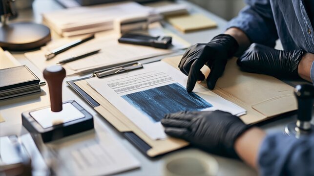 Records Analyst Reviewing Redacted Documents at an Office Desk