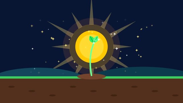 New beginning sunrise with small sprout growing from soil and unfolding two leaves, rising light particles, flat vector New Year animation seamless loop