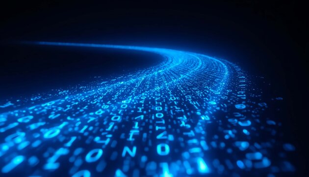Blue binary code stream flowing through dark digital space with