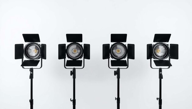 Four professional studio lights on stands arranged in row against
