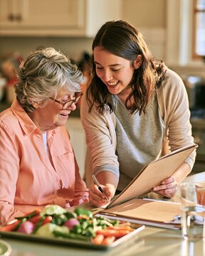 Family Caregiver Planning a Healthy Meal with Older Woman