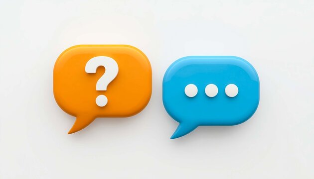 Orange question mark and blue ellipsis speech bubbles on white