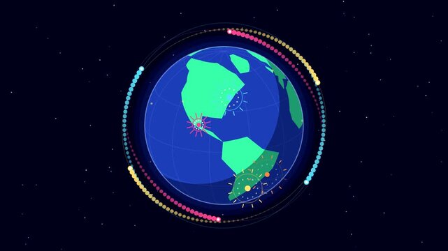 New Year celebration around the world, simple rotating globe with glowing city lights, small fireworks bursts and orbiting light rings, flat 2D seamless loop animation